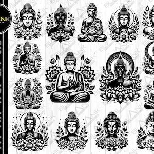 Boeddha met bloemen svg png jpeg eps dxf bundel silhouet clipart cricut vector commercieel gebruik aangepaste Boeddha silhouet vector met bloemen