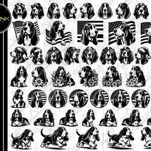 basset hound bundel svg png jpeg eps dxf bundel silhouet cricut commercieel gebruik basset hond bundel zittend rennen hoofd zonnebril bloem