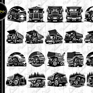 Könnte beinhalten: Schwarz-Weiß-Illustrationen von Muldenkippern in verschiedenen Designs. Einige Designs enthalten die amerikanische Flagge und einen Sonnenuntergang. Das Bild enthält auch den Text "BLANK PRINTS" und Dateitypinformationen.