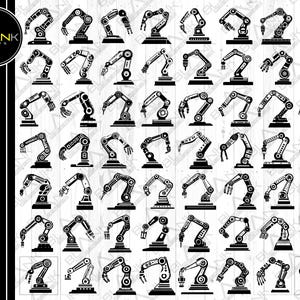 May include: A collection of black and white robotic arm illustrations in various poses. The image includes the text "SVG .PNG .JPEG .EPS .DXF" and the logo "BLANK PRINTS" in a black circle.