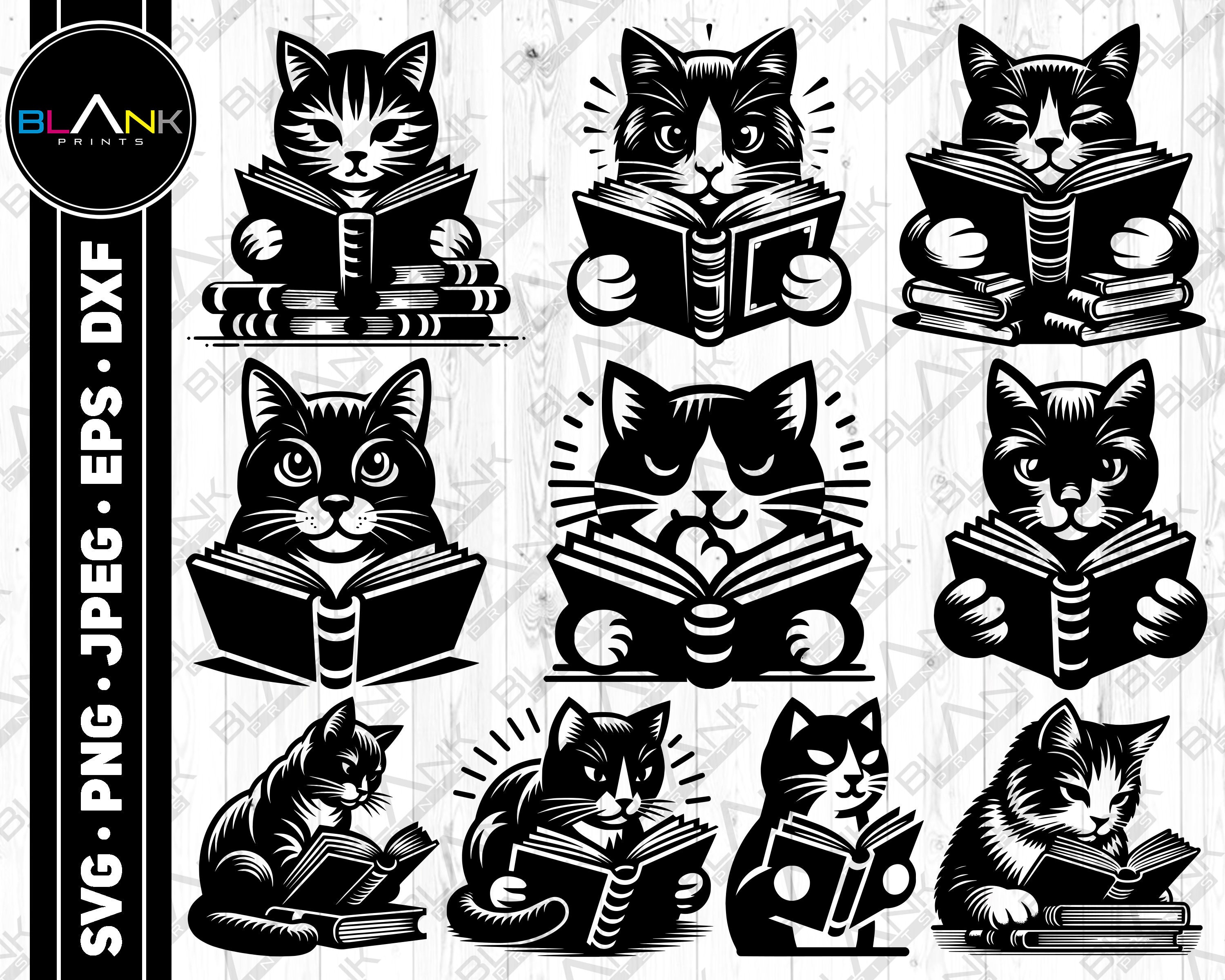 Cat Reading Book SVG Bundle: Shirt Design, Commercial Use (Digital Download)
