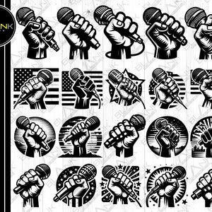 May include: A set of 12 black and white vector illustrations of a microphone in various poses. The microphone is held by a hand in each illustration. The illustrations are set against a variety of backgrounds, including a striped pattern, a star pattern, and a cityscape.