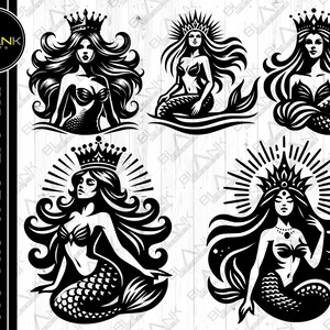 May include: Black and white mermaid illustrations. Each mermaid wears a crown and has long flowing hair. The mermaids are in various poses, some with fishtails and others with upper bodies only. The image includes the text "SVG • PNG • JPEG • EPS • DXF".
