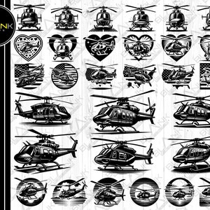May include: A set of 25 black and white vector illustrations of helicopters. The helicopters are in various poses, including flying, landing, and hovering. The illustrations are ideal for use in a variety of projects, such as website design, print media, and social media.