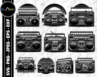 May include: A set of ten black and white illustrations of vintage boomboxes. The boomboxes have a retro design with large speakers and a cassette player.