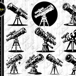 Könnte beinhalten: Ein Satz von neun Schwarzweißillustrationen von Teleskopen auf Stativen. Die Teleskope sind alle in verschiedenen Designs, einige mit mehreren Linsen.