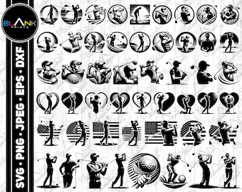 May include: A set of 40 black and white golf-themed vector illustrations. The illustrations feature golfers in various poses, including swinging, putting, and walking. Some illustrations include golf balls, flags, and golf clubs.