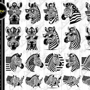 Puede incluir: Una colección de ilustraciones de cabezas de cebra en blanco y negro. Algunas cebras llevan gafas de sol, y algunas tienen diseños de la bandera estadounidense en sus rayas. La imagen incluye los formatos SVG, PNG, JPEG, EPS y DXX.