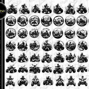 Puede incluir: Una descarga digital de 36 archivos de corte SVG en blanco y negro que presentan varios diseños de conductores de ATV. Los diseños son perfectos para crear camisetas personalizadas, tazas, pegatinas y otras manualidades.