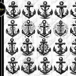 Puede incluir: Un conjunto de 16 ilustraciones de anclas en blanco y negro. Las anclas son de varios estilos, incluyendo náutico, vintage y moderno. Cada ancla es única y presenta diferentes detalles, como cuerdas, cadenas y ruedas.