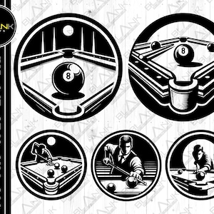 May include: Four black and white illustrations of a pool table with a cue stick and billiard balls. The first image shows a close-up of the pool table with the eight ball in the center. The second image shows a player taking a shot. The third image shows a player taking a shot. The fourth image shows a player taking a shot.