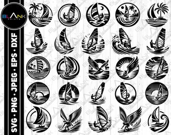 May include: A set of 24 black and white silhouette SVG cut files featuring windsurfers, waves, and palm trees. The designs are perfect for creating custom crafts, decals, and more.