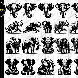 Może przedstawiać: Zestaw 16 czarno-białych ilustracji słoni w różnych pozach, w tym stojących, chodzących, siedzących i biegnących. Ilustracje są w stylu vintage i idealnie nadają się do wykorzystania w różnych projektach, takich jak wzory na koszulki, kartki okolicznościowe i dekoracje domu.