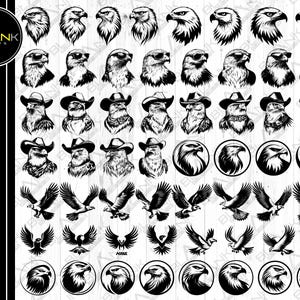 May include: A collection of black and white eagle illustrations in various poses. Includes eagle heads, eagles wearing sunglasses and cowboy hats, flying eagles, and circular eagle logos. The image also includes the text "SVG .PNG .JPEG .EPS .DXF".