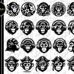 May include: A set of 16 black and white digital illustrations featuring a monkey wearing headphones, sunglasses, and a pirate hat. The monkey is depicted in various poses and expressions.