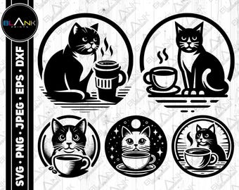 Pacchetto di immagini vettoriali di gatti e caffè, silhouette clipart (svg, png, jpg, eps, dxf)