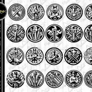 Peut inclure: Ensemble de 18 images clipart numériques en noir et blanc représentant une variété de clés à molette et de clés à pipe. Certaines images présentent un plombier de dessin animé avec les bras croisés. Toutes les images sont en forme de cercle.