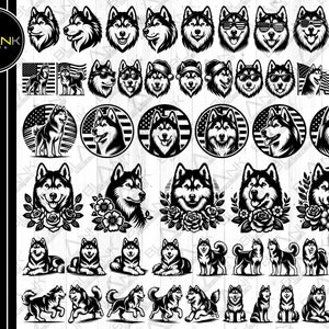 siberian husky bundle svg png jpeg eps dxf bundle silhouette cricut commercial usa flag flowers sitting head standing usa sunglasses santa