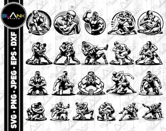 Op de afbeelding: Een set van 20 zwart-wit illustraties van worstelaars in verschillende poses. De worstelaars dragen singletjes en bevinden zich in verschillende worstelposities.