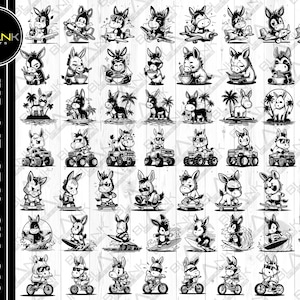 cute donkey bundle svg png jpeg eps dxf bundle silhouette clipart cricut vector commercial use custom donkey surfing skateboard eating ramen