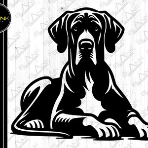 May include: Black and white silhouette of a Bloodhound dog lying down with its head turned to the side.