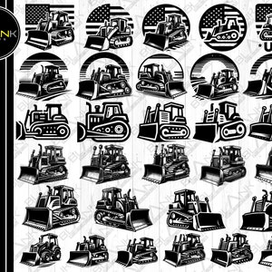 May include: A set of 25 black and white vector illustrations of bulldozers. The bulldozers are shown in various poses, including driving, digging, and pushing dirt. Some of the bulldozers have the word "USA" on them.
