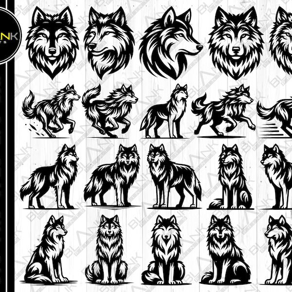 wolf bundle svg png jpeg eps dxf bundle silhouette cricut commercial use custom wolf head sitting standing running vector svg