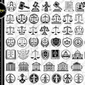 May include: A set of 50 black and white vector illustrations of legal and justice themed icons. The icons include scales of justice, gavel, law books, buildings, and more.
