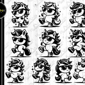 Puede incluir: Un conjunto de diez imágenes de clipart digitales en blanco y negro de unicornios con gafas de sol. Cada unicornio tiene una pose y una expresión diferentes.