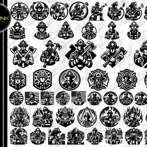 May include: A set of 36 black and white firefighter SVG cut files. The designs feature firefighters in various poses, including holding axes, hoses, and fire extinguishers. Some designs include fire hydrants, fire engines, and flames.