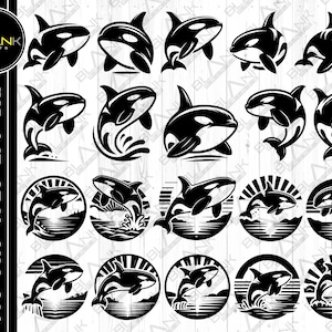 May include: A set of 16 black and white SVG cut files featuring a variety of orca whale designs. The designs include orcas jumping out of the water, swimming, and in a variety of poses. The designs are perfect for creating custom t-shirts, mugs, tote bags, and other crafts.