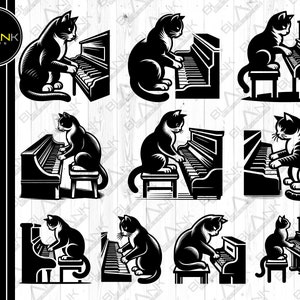 Gato tocando el piano paquete svg png jpeg eps dxf paquete silueta cricut uso comercial diseño de camiseta personalizado amante de los gatos piano svg