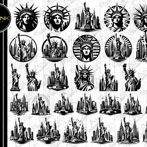 以下が含まれることがあります： 自由の女神とニューヨーク市のスカイラインをフィーチャーした、24個の白黒のSVGカットファイルのセット。Tシャツ、マグカップ、ホームデコレーションなど、クラフトプロジェクトに最適です。