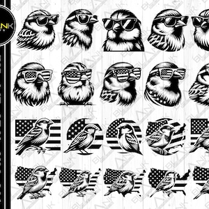gesprenkeln svg png jpeg eps dxf bündeln Scherenschnitt Cricut kommerzielle Nutzung benutzerdefinierte Spatz Vogel Kopf Sonnenbrille USA Karte Flagge Tier vektor