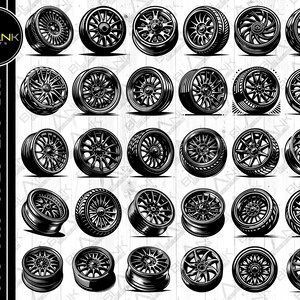 May include: A set of 36 black and white illustrations of different car rims. The rims are drawn in a detailed style with spokes and a variety of designs.