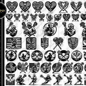 May include: A set of 36 black and white lacrosse stick SVG cut files. The files feature various lacrosse stick designs, including sticks with hearts, sticks with flags, and sticks with players. The files are perfect for creating custom lacrosse-themed crafts and projects.