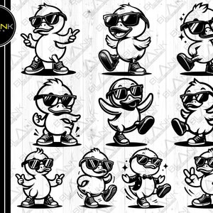 かわいいアヒルのダンスバンドル svg png jpeg eps dxf バンドル シルエット クリップアート クリカット ベクター 商用利用 カスタム アヒルのダンス 動物 サングラス svg