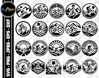 May include: A set of 16 black and white mountain bike themed SVG cut files. The designs feature mountain bikers riding through scenic landscapes with mountains, trees, and sun or moon.
