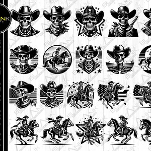 Könnte beinhalten: Ein digitaler Download von 10 Schwarzweiß-Vektorillustrationen von Cowboys, die auf Pferden reiten. Die Cowboys tragen Cowboyhüte und haben Schädel als Köpfe. Die Pferde sind in verschiedenen Posen. Die Illustrationen sind perfekt für die Verwendung in Bastelprojekten, Scrapbooking oder digitalem Design.