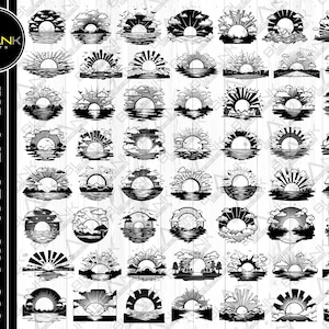 May include: A selection of black and white sunrise illustrations. Each design showcases a sun with elements such as clouds, water, and rays. The designs are presented in a circular or semi-circular format, ideal for digital art or print projects.