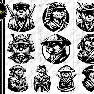 May include: A set of nine black and white illustrations of otters in various poses, wearing samurai armor, hats, and holding swords. The otters are depicted in a cartoon style.
