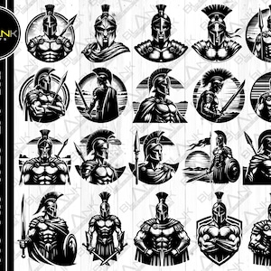 May include: A set of 16 black and white digital illustrations of Spartan warriors in various poses. The warriors are wearing helmets and armor, and some are holding weapons such as swords and spears.