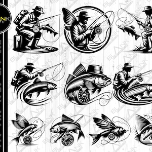 fly fishing bundle svg png jpeg eps dxf bundle silhouette clipart cricut vector commercial use custom fly fishing fisherman fish vector svg