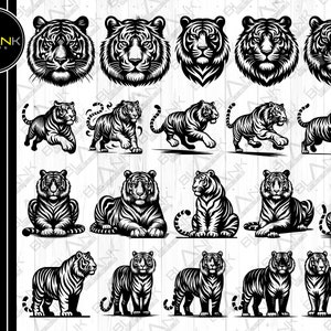 May include: A set of 16 black and white tiger illustrations. The tigers are in various poses, including walking, running, and sitting. The illustrations are in a vintage style.