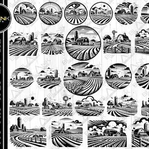 Puede incluir: Un conjunto de 20 archivos de corte SVG en blanco y negro que presentan varias escenas de granjas. Las escenas incluyen graneros, silos, campos y animales de granja. Los archivos son perfectos para crear artesanías personalizadas, decoraciones y más.