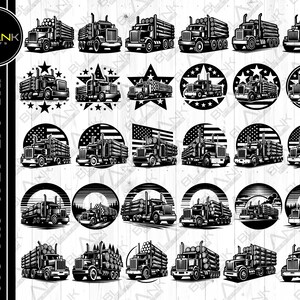 May include: A set of 20 black and white vector illustrations of a logging truck hauling logs. The truck is depicted in various poses, including driving, parked, and with the logs stacked high. The illustrations are perfect for use in a variety of projects, such as t-shirt designs, website graphics, and social media posts.