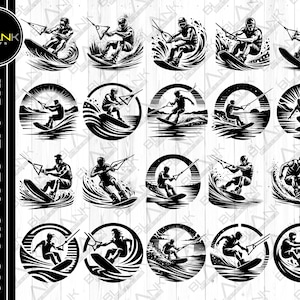 May include: A set of 16 black and white illustrations of wakeboarders. Each illustration features a wakeboarder in a different pose, with the wakeboarder's body and the wakeboard clearly visible. The illustrations are set against a background of water and waves.