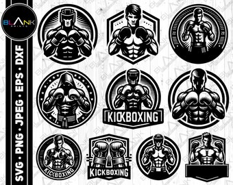 May include: A set of ten black and white vector illustrations of kickboxers in various poses. The illustrations are in a circular frame with the word "Kickboxing" written at the bottom of the frame.