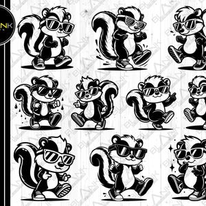 Peut inclure: Illustration en noir et blanc de huit mouffettes de dessin animé portant des lunettes de soleil. Chaque mouffette a une pose et une expression différentes.