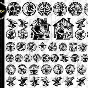 May include: A set of 40 black and white vector illustrations of a blacksmith working at an anvil. The illustrations are in a circular format and feature various poses of the blacksmith, including hammering, holding a hammer, and holding tongs. The illustrations are perfect for use in a variety of projects, such as website design, social media graphics, and print materials.